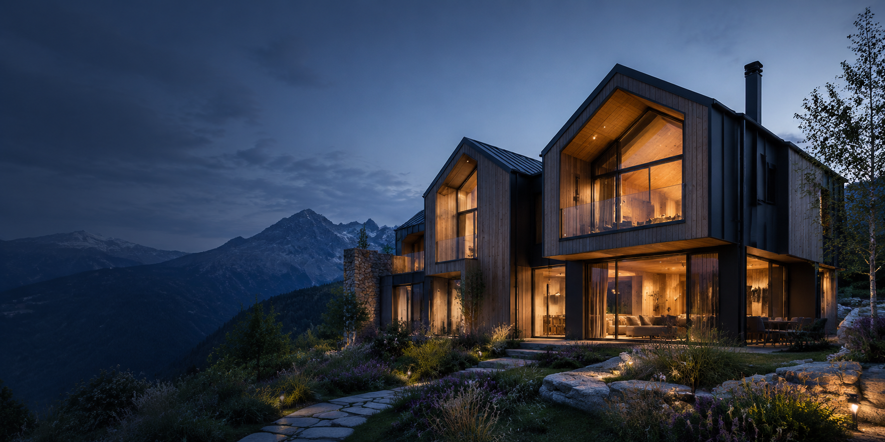 Concept illustrativo di chalet modulare di lusso nelle Alpi
